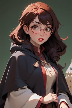1girl, long brown hair, brown eyes, big round glasses, Griffindor House Cloak, inner cloak red, outer cloack black,looking at viewer, solo, upper body,(masterpiece:1.4),(best quality:1.4),red lips,parted lips,anime,hogwarts castle:1.4,