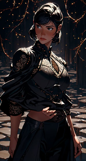 ultra realistic 8k cg, masterpiece, ((ultra detailed background, delicate pattern, intricate detail)), (highly detailed, fine details), best quality, 1girl, (photorealistic:1.4),beautiful lighting, absurdres, RAW photo, film grain,16 year old girl, short hair below ears, black hair, black pants, white shirt, mistborn cape,style