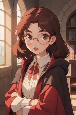 1girl, long brown hair, brown eyes, big round glasses, Griffindor House Cloak, inner cloak red, outer cloack black:1.4,looking at viewer, solo, upper body,(masterpiece:1.4),(best quality:1.4),red lips,parted lips,anime,hogwarts castle:1.4,indoor,sunlight,