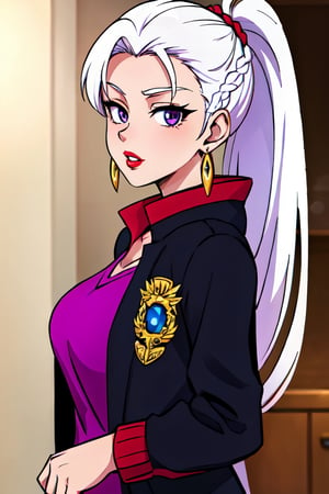 1girl, bangs, white hair, black jacket, blue eyes, blurry, blurry background, braid, breasts, earrings, from side, jacket, jewelry, long hair, looking at viewer, open clothes, open jacket, ponytail, purple eyes, solo, upper body,baiyi,[[realistic]],(shiny skin),(masterpiece:1.4),(best quality:1.4),red lips,parted lips,40kanime