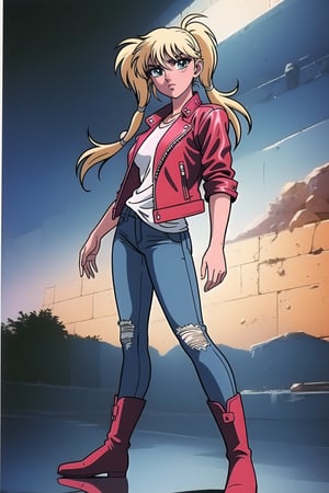 ((1 female))l, full body, blonde hair, ( two long pigtails:1.4), blue eyes, white t-shirt, jeans, black boots,(red leather jacket:1.4),beautiful girl with attention to detail, beautiful delicate eyes, detailed face, beautiful eyes,Beautiful Pose, Natural Light, ((Real) ) Quality: 1.2 )), Cinematic Lighting, Perfect Composition, Super Detail, Official Art, Masterpiece, (Best Quality: 1.3), Reflection, High Resolution CG Unity 8K Wallpaper, Detailed Background, Masterpiece, (Photorealistic): 1.2), Random Angle, Side Angle, ,anime,Retro,ink,retro artstyle,traditional media