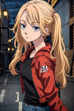 1 girl, blonde hair, two pigtails, blue eyes,red leather jacket, white t-shirt, jeans, black boots, solo, (medium_shot:1.4),(masterpiece:1.4(bestquality:1.4),(extremely_beautiful_detailed_anime_face_and_eyes:1.4),an extremely delicate and beautiful,Watercolor, Ink, epic, tokyo cyberpunk night,