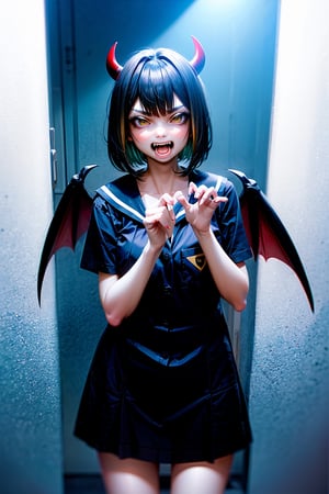 1 girl, black hair,red horns, yellow eyes,bat wings,shirt sailor, skirt sailor,angry,showing fangs,solo, (medium_shot:1.4),(masterpiece:1.4(bestquality:1.4), fullbody,girl,(background_city:1.4),sailor dress