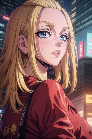 1 girl, blonde hair, two pigtails, blue eyes,red leather jacket, white t-shirt, jeans, black boots, solo, (medium_shot:1.4),(masterpiece:1.4(bestquality:1.4),(extremely_beautiful_detailed_anime_face_and_eyes:1.4),an extremely delicate and beautiful,Watercolor, Ink, epic, tokyo cyberpunk night,trgirl,retro artstyle,traditional media