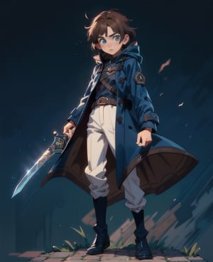 (masterpiece:1.4),(best quality:1.4),extremely_beautiful_detailed_anime_face_and_eyes,an extremely delicate and beautiful,1 boy, (short brown hair:1.4), (rogue:1.4),(full body:1.4),( dark blue coat:1.4),hood covering head:1,dagger:1, dynamic pose:1,hiding pose:1,