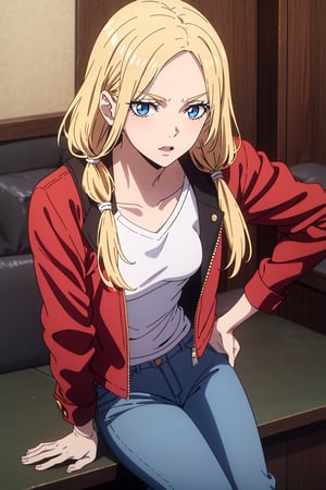 1 girl, blonde hair, two pigtails, blue eyes,red leather jacket, white t-shirt, jeans, black boots, solo, (medium_shot:1.4),(masterpiece:1.4(bestquality:1.4),(extremely_beautiful_detailed_anime_face_and_eyes:1.4),an extremely delicate and beautiful,Watercolor, Ink, epic, tokyo cyberpunk night,trgirl