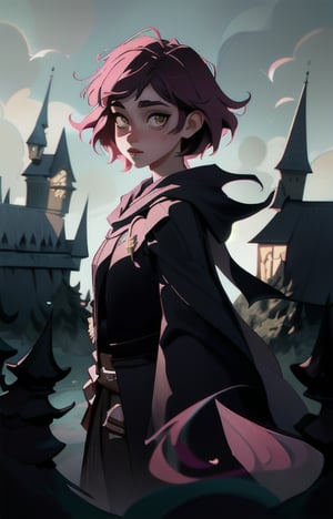 1girl, short pink hair,(hufflepuff House Cloak),( inner cloak yellow:1), (outer cloack black:1),yellow eyes, looking at viewer, solo, upper body,(masterpiece:1.4),(best quality:1.4),red lips,parted lips, exterior forest and mountains, castle,hogwarts castle:1,dramatic shadows,extremely_beautiful_detailed_anime_face_and_eyes,an extremely delicate and beautiful,dynamic angle, cinematic camera, dynamic pose,depth of field,chromatic aberration,anime