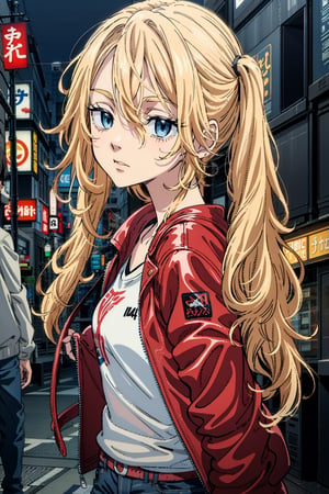 1 girl, blonde hair, two pigtails, blue eyes,red leather jacket, white t-shirt, jeans, black boots, solo, (medium_shot:1.4),(masterpiece:1.4(bestquality:1.4),(extremely_beautiful_detailed_anime_face_and_eyes:1.4),an extremely delicate and beautiful,Watercolor, Ink, epic, tokyo cyberpunk night,