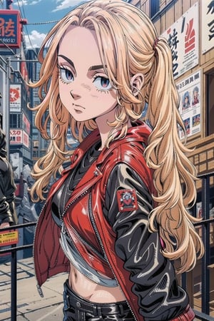 ((1 female))l, full body, blonde hair, ( two long pigtails:1.4), blue eyes, white t-shirt, jeans, black boots,(red leather jacket:1.4),beautiful girl with attention to detail, beautiful delicate eyes, detailed face, beautiful eyes,Beautiful Pose, Natural Light, ((Real) ) Quality: 1.2 )), Cinematic Lighting, Perfect Composition, Super Detail, Official Art, Masterpiece, (Best Quality: 1.3), Reflection, High Resolution CG Unity 8K Wallpaper, Detailed Background, Masterpiece, (Photorealistic): 1.2), Random Angle, Side Angle, ,anime,Retro,ink,retro artstyle,traditional media