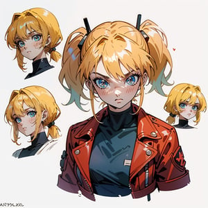 1 girl, blonde hair, two pigtails, blue eyes,red leather jacket, white t-shirt, jeans, black boots, solo, (medium_shot:1.4),(masterpiece:1.4(bestquality:1.4),(extremely_beautiful_detailed_anime_face_and_eyes:1.4),an extremely delicate and beautiful,Watercolor, Ink, epic,multiple views, full body, upper body, reference sheet:1,CharacterSheet, white background, different expresions,