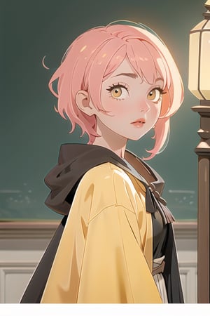 1girl, short pink hair,hufflepuff House Cloak, inner cloak yellow, outer cloack black,yellow eyes, looking at viewer, solo, upper body,(masterpiece:1.4),(best quality:1.4),red lips,parted lips, hogwarts castle:1,dramatic shadows,extremely_beautiful_detailed_anime_face_and_eyes,an extremely delicate and beautiful,dynamic angle, cinematic camera, dynamic pose,depth of field,chromatic aberration,backlighting,
