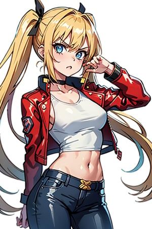 1 girl, blonde hair, two pigtails, blue eyes,red leather jacket, white t-shirt, jeans, black boots, solo, upper body,(masterpiece:1.4(bestquality:1.4),,extremely_beautiful_detailed_anime_face_and_eyes,an extremely delicate and beautiful, pose,Watercolor, Ink, epic, angry, simple background, white_background, pose visual novel,