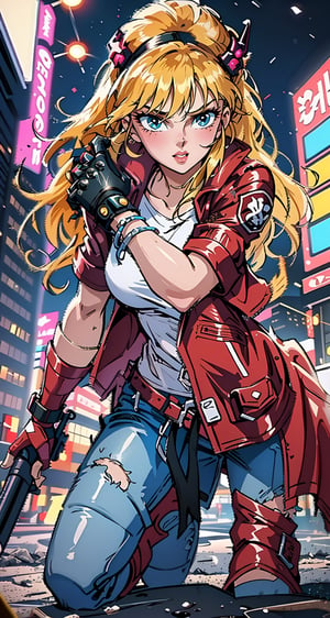 1 girl, blonde hair, two pigtails, blue eyes,red leather jacket, white t-shirt, jeans, black boots, solo, (medium_shot:1.4),(masterpiece:1.4(bestquality:1.4),(extremely_beautiful_detailed_anime_face_and_eyes:1.4),an extremely delicate and beautiful,Watercolor, Ink, epic, tokyo cyberpunk night,