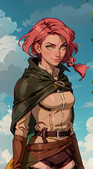 (1 girl), (short pink hair:1.2), (yellow eyes:1.2), black leather boots, black leather gloves, smiling,braids,make up, (green scouts cloak:1.2), (standing), (upper body in frame), simple background, forest, white cloudy sky, dawn, only1 image, perfect anatomy, perfect proportions, perfect perspective, 8k, HQ, ((AttackonTitan, survey military uniform)),dulce