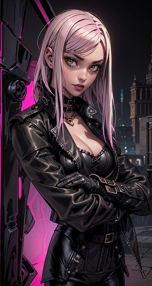 (European city background:1.4), (best detailed), (best lighting), ( ultra-detailed), (best quality), 1 girl, yellow eyes, (detail eyes), pale_skin, pink_hair, ((straight_hair)), bangs, short-hair, past-the-waist, large breasts, (large black leather trench coat:1.4), (black leather pants, sexy black leather corset:1.4) showing cleavage, sexy, (NSFW nudity, naked), slim thicc, perfect smooth skin, detailed skin,style,