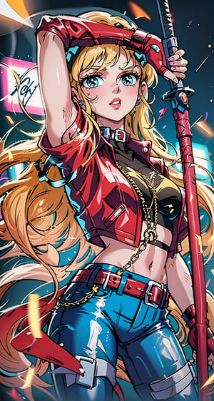 1 girl, blonde hair, two pigtails, blue eyes,red leather jacket, white t-shirt, jeans, black boots, solo, (medium_shot:1.4),(masterpiece:1.4(bestquality:1.4),(extremely_beautiful_detailed_anime_face_and_eyes:1.4),an extremely delicate and beautiful,Watercolor, Ink, epic, tokyo cyberpunk night,