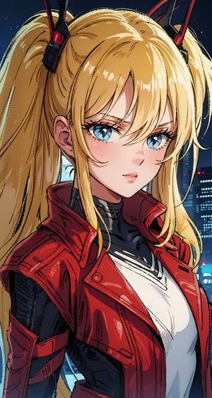 1 girl, blonde hair, two pigtails, blue eyes,red leather jacket, white t-shirt, jeans, black boots, solo, (medium_shot:1.4),(masterpiece:1.4(bestquality:1.4),(extremely_beautiful_detailed_anime_face_and_eyes:1.4),an extremely delicate and beautiful,Watercolor, Ink, epic, tokyo cyberpunk night,