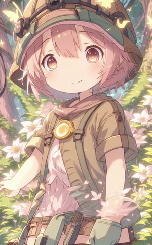 ultra-detailed, illustration, cinematic composition, abyss style, grass, white flower, moss,MadeintheAbyss, 1girl, (short pink hair:1.4), brown coat, short sleeves, brown overcoat, (brown shorts:1.4),(explorer helmet:1),(explorer boots:1.4),(yellow eyes:1.4), looking at viewer, solo, (upper body:1.4),(masterpiece:1.4),(best quality:1.4),red lips,parted lips,smile, walking in the deep forest,firefliesfireflies,portrait,illustration,best quality,BrgEy