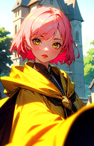 1girl, short pink hair,(hufflepuff House Cloak),( inner cloak yellow:1), (outer cloack black:1),yellow eyes, looking at viewer, solo, upper body,(masterpiece:1.4),(best quality:1.4),red lips,parted lips, exterior forest and mountains, castle,hogwarts castle:1,dramatic shadows,extremely_beautiful_detailed_anime_face_and_eyes,an extremely delicate and beautiful,dynamic angle, cinematic camera, dynamic pose,depth of field,chromatic aberration,anime,3DMM