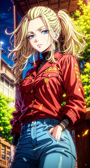 (Masterpiece, Best Quality:1.3), absurdres,(Ultra-detailed portrait), 2d, Traditional Media, NinjaScroll, official art, centered, wide shot, 1 girl, blonde hair, two pigtails, blue eyes,red leather jacket, white t-shirt, jeans, black boots, solo,(looking at viewer), detailed eyes, close up:0.2, (full angle view), relaxed pose, perfect face, eye contact, focus face, lips:0.5, standing, dynamic, beautiful, cinematic, sharp focus, (Details:1.2), (depth of field), ((wind blowing)), yellow petals, scenery, fireflies:0.1, night sky, nature, (night, dark:1.3), [electricity],highly detailed, film grain:0.6, (shiny), intricate design, 85mm, east asian architecture, east asian architecture, building, ((volumetric lighting)), high contrast:0.3, glowing:0.7, 90's anime style, extremely detailed background, (sharp focus), thick lineart, ,retro artstyle,traditional media,ninjascroll,trgirl,