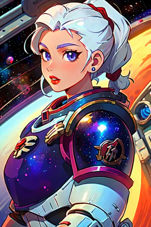 1girl, bangs, white hair, power armour, blue eyes, blurry, blurry background, braid, breasts, from side, armour, jewelry, long hair, looking at viewer, ponytail, purple eyes, solo, upper body,baiyi,[[realistic]],(shiny skin),(masterpiece:1.4),(best quality:1.4),red lips,parted lips,(space marine:1.4),40kanime