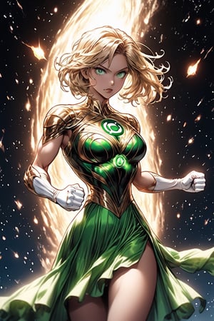 1girl, solo,extrem detailed face, extreme detailed eyes, green lantern, white bodysuit,((tight green skirt)), white gloves,,slim waist, (((girl))), medium breasts, ((pointing with the fist to view)), ((from the fist comes a green beam of energy)),blue eyes, (best quality, masterpiece), omnipotent goddess, universe, milky way, particles, black hole, transcendent being, short blondie hair, wind, spectral, playful, flying, floating, flirty,hero view:1.5, full shot:1.5,
