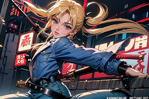 1 girl, blonde hair, two pigtails, blue eyes,red leather jacket, white t-shirt, jeans, black boots, solo, (medium_shot:1.4),(masterpiece:1.4(bestquality:1.4),(extremely_beautiful_detailed_anime_face_and_eyes:1.4),an extremely delicate and beautiful,Watercolor, Ink, epic, street tokyo cyberpunk night,katana,