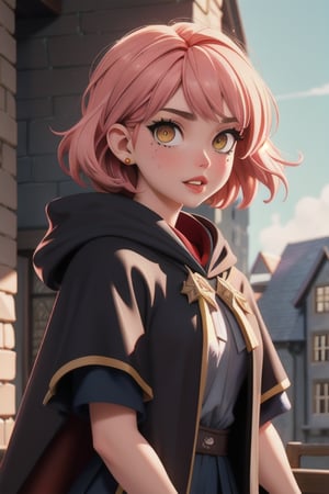 1girl, short pink hair,(mole next to lip:1),(eyebrow scar:1),(hufflepuff House Cloak),( inner cloak yellow:1), (outer cloack black:1),yellow eyes, looking at viewer, solo, upper body,(masterpiece:1.4),(best quality:1.4),red lips,parted lips, hogwarts castle:1,dramatic shadows,extremely_beautiful_detailed_anime_face_and_eyes,an extremely delicate and beautiful,dynamic angle, cinematic camera, dynamic pose,depth of field,chromatic aberration,backlighting,