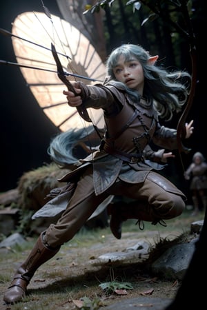 ((Female )),(real),(masterpiece:1.4), (best qualit:1.4), (high resolution:1.4),young, cowboy shot,(archer gelfling:1),( archer:1), bow and arrows ,dramatic shadows, dynamic angle, cinematic camera, dynamic pose, dramatic angle, depth of field,  chromatic aberration, in the forest,dynamic pose, angry:1,adventure,photorealistic,analog,realism,gelfling,weapon,Game of Thrones