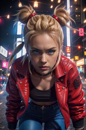 1 girl, blonde hair, two pigtails, blue eyes,red leather jacket, white t-shirt, jeans, black boots, solo, (medium_shot:1.4),(masterpiece:1.4(bestquality:1.4),extremely_beautiful_detailed_anime_face_and_eyes,an extremely delicate and beautiful,super_deformed,nas,ninja,3D,photorealistic