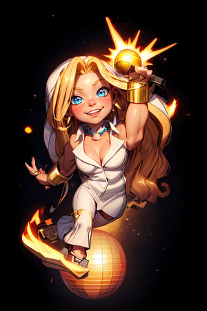 In a radiant, ultra-detailed masterpiece, a stunning girl with long, blondie hair and piercing blue eyes shines bright. Dressed in a dazzling white suit adorned with glittery accents, she exudes confidence as she holds a microphone in hand. A touch of glamour comes from her gold ear rings and pearl necklace. Against a backdrop of fiery sparks and a spinning disco ball, this chibi-inspired scene is nothing short of mesmerizing,chibi,3DMM