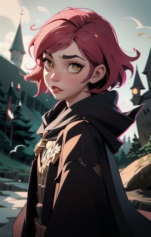 1girl, short pink hair,(hufflepuff House Cloak),( inner cloak yellow:1), (outer cloack black:1),yellow eyes, looking at viewer, solo, upper body,(masterpiece:1.4),(best quality:1.4),red lips,parted lips, exterior forest and mountains, castle,hogwarts castle:1,dramatic shadows,extremely_beautiful_detailed_anime_face_and_eyes,an extremely delicate and beautiful,dynamic angle, cinematic camera, dynamic pose,depth of field,chromatic aberration,anime