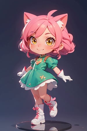 ((1 female)), petite girl, full body, chibi, 3D figure little girl, Portrait of the beautiful Lopadex, athletic, green lantern dress:1.2, pink hair:1.2, yellow eyes:1.2, pink cat ears:1.2, white leather boots, white leather gloves, smiling,braids,make up, beautiful girl with attention to detail, beautiful delicate eyes, detailed face, beautiful eyes, Dynamic Beautiful Pose, Natural Light, ((Real) ) Quality: 1.2 )), Dynamic Long Distance Shot, Cinematic Lighting, Perfect Composition, Super Detail, Official Art, Masterpiece, (Best Quality: 1.3), Reflection, High Resolution CG Unity 8K Wallpaper, Detailed Background, Masterpiece, (Photorealistic): 1.2), Random Angle, Side Angle, Chibi, Full Body, mikdef.,SFW
