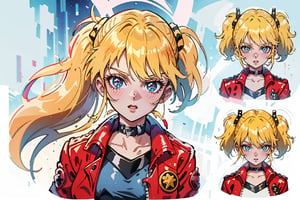 1 girl, blonde hair, two pigtails, blue eyes,red leather jacket, white t-shirt, jeans, black boots, solo, (medium_shot:1.4),(masterpiece:1.4(bestquality:1.4),(extremely_beautiful_detailed_anime_face_and_eyes:1.4),an extremely delicate and beautiful,Watercolor, Ink, epic,multiple views, full body, upper body, reference sheet:1,CharacterSheet, white background, different expresions,