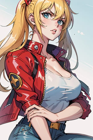 1 girl, blonde hair, two pigtails, blue eyes,red leather jacket, white t-shirt, jeans, black boots, solo, upper body,(masterpiece:1.4(bestquality:1.4),,extremely_beautiful_detailed_anime_face_and_eyes,an extremely delicate and beautiful,Watercolor, Ink, epic, angry, simple background, white_background, (pose visual novel:1.4),(character design:1.4)