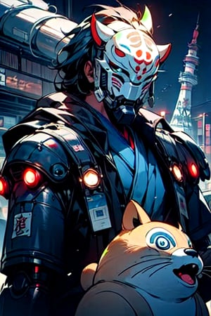 (masterpiece:1.4),(best quality:1.4),yokai,monster,1 tanuki_robot_mask1,  protecting himself with a blue energy shield,(cyberpunk:1),(evil expression:1),(tokyo tower background at night:1),(energy shield:1),(rutkowski:0.66),style