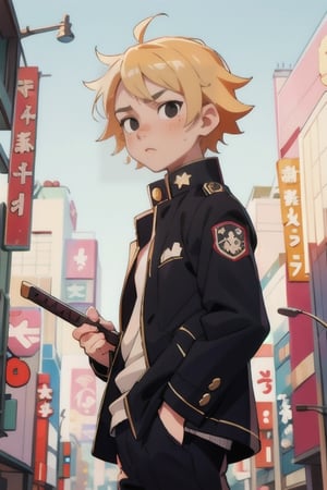 masterpiece:1.4, detailed:1.4,1boy,male focus,blonde hair,black eyes,medium hair,empty eyes,gakuran_uniform:1.2,anime_style:1.2,city:1.2,tokyo_revengers_style:1.4,weapon,Detailedface