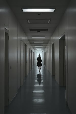 gloomy corridor of hospital flashing light, ghost of woman approaching