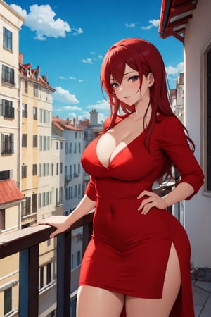 (Yor Forger:1),red dress,thick clothes,(sexy:1.3), waifu,posing on a balcon,posing on a balcon