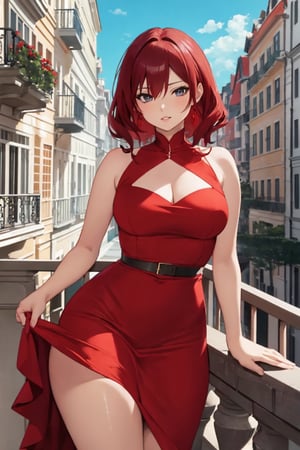 Yor Forger,red dress,thick clothes,sexy, waifu,posing on a balcon,posing on a balcon