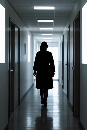 gloomy corridor of hospital flashing light, ghost of woman approaching
