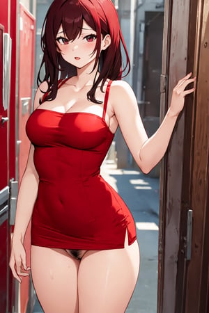 red dress,thick clothes,(sexy:1.3), waifu,1 girl,georgeous shape,(random poses:1.2),pantsu,pubic hair