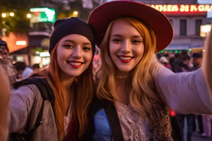 amateur cellphone photography, scenary mexico city, 2 hats, 2 cute womans with red hair and blonde at mardi gras, sunset, Mexican girl, 19 years old,  (freckles:0.2) . f8.0, samsung galaxy, noise, jpeg artefacts:1.8, poor lighting,  low light, underexposed, high contrast
