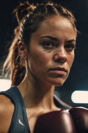 photograph close up portrait of Female boxer training, serious, stoic cinematic 4k epic detailed 4k epic detailed photograph shot on kodak detailed bokeh cinematic hbo dark moody