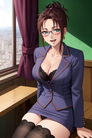 (high quality:1.1), cinematic lighting, extremely detailed, sharp image,
Izumiremi, mature female, teacher, 1girl, solo, sitting on table, window, cowboy shot,looking at viewer, seductive smile, blush, open mouth,brown hair, short hair, hair up, single hair intake, green eyes, makeup, glasses, jewelry, earrings,skirt suit, (black thighhighs:1.1), lingerie, large breasts, cleavage, thighs, long legs, pantiesintricate complex room background, day, sunlight, cityscape, 