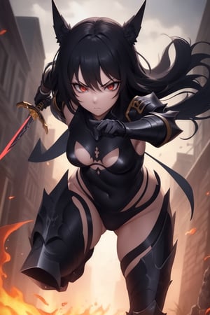 High quality, masterpiece, cozy, maximum details,
tsurime eyes, 
(Burning:1.2) girl knight is running, dynamic pose, looking at viewer, black armor, holding sword, casting spell

night, sky