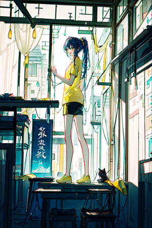 (masterpiece:1.4), (best qualit:1.4), (high resolution:1.4), ogino chihiro, ponytail, long arm shirt, shorts, yellow shoes, indoors, east asian architecture, smile, ;D ,colorful, high contrast, cinematic light, glass in background 
