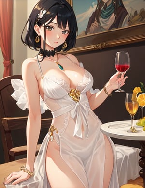 (masterpiece,Extremely Detailed:1.2)Beautiful young girl olive round skin  ,wide open hazel eyes, black missy hair wearing gold and dimond neckles and casual suite and drink a glass of wine  (A perfect finished work of official art:1.1). airbrush (art by Akira Toriyama,art by Aleksi Briclot:1.1)