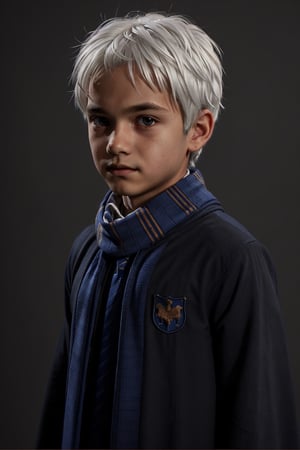 1boy, (kid:1.3), 11 years old, (spiky white hair:1.2) , solo focus, portrait, simple background, standing, 
(ravenclaw:1.3), hogrobe, black robe, hogscarf, hogsweater, skirt,
(masterpiece, best quality, extremely detailed, highly detailed face, beautiful detailed eyes)