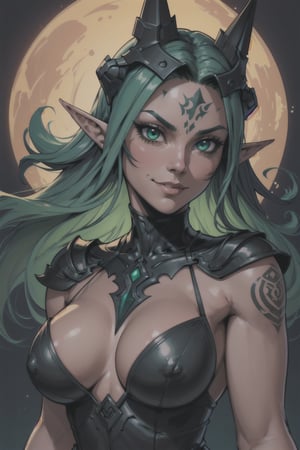 (inked original-art:1.2),(lineart:1.33),young,1girl,portrait female elf  of the wild, evil smiling,close-up,big breast, imposing-headgear,(hyperdefined),(inked-art),green orange tones,cartoon,fantasy gothic aesthetic,complex lighting,(flat-colors),hatched-texture,(fine-details:1.2),absurdres,flat-colors,fullscreen,ultradetailed,limited-palette,onyx